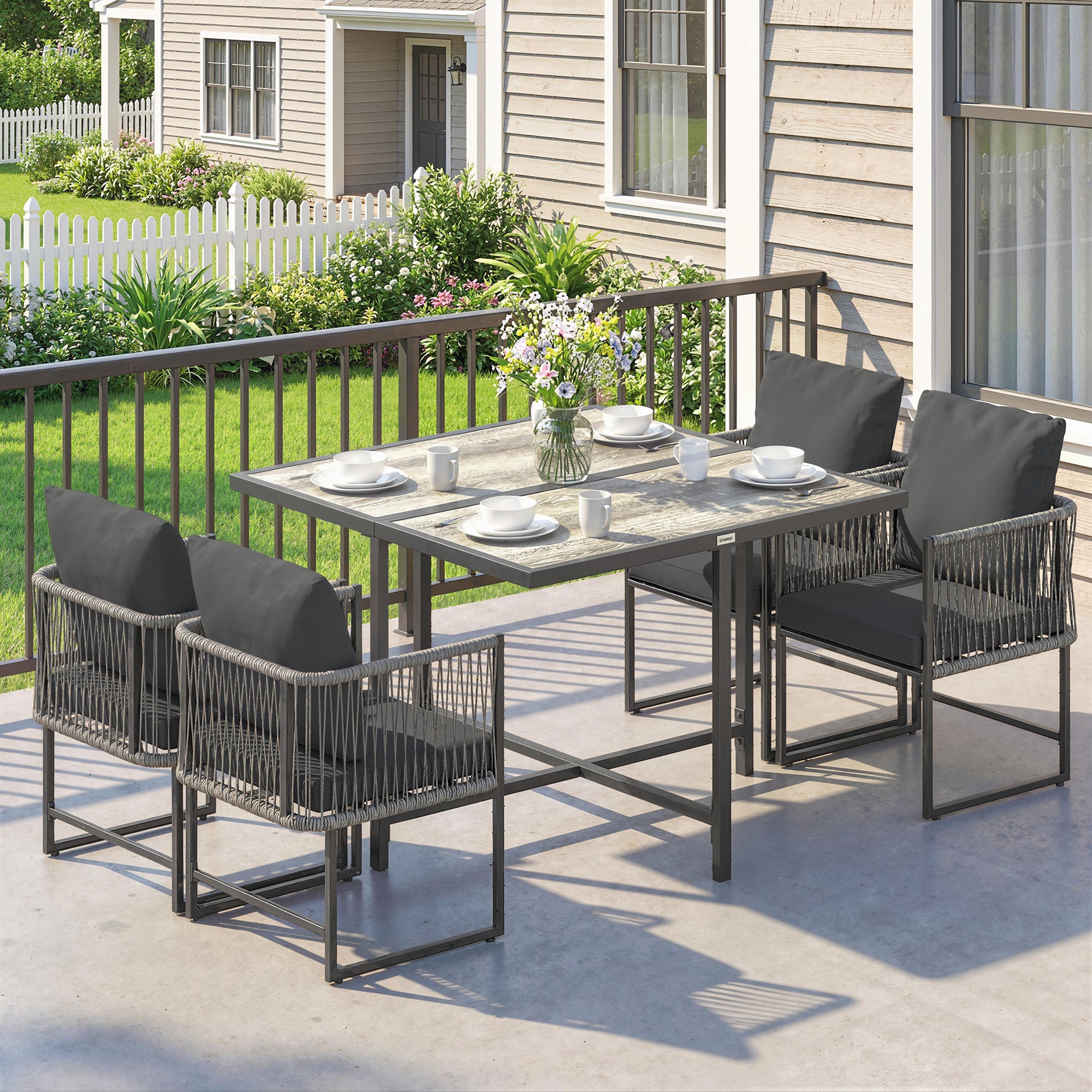 Outsunny 4-Seater Garden Dining Set, Rattan Outdoor Furniture with Space-Saving Chairs and Thick Cushions for Patio Balcony, Black 
