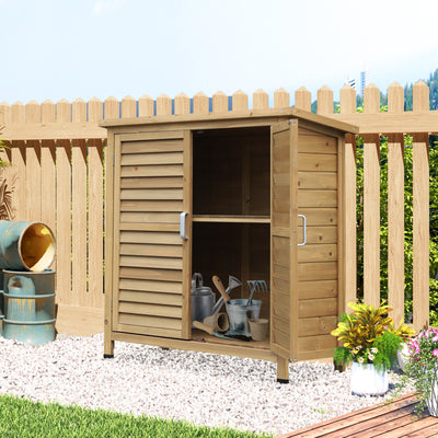 Outsunny Garden Shed Wooden Garden Storage Shed 2 Door Unit Solid Fir Wood Garage Tool Organisation Cabinet, 87L x 46.5W x 96.5Hcm, Natural 