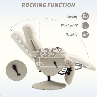 HOMCOM Manual Recliner Chair with Footrest, Upholstered Reclining Armchair with Adjustable Backrest and Cup Holder, PU Leather Swivel Chair for Living Room, Bedroom, Cream White 