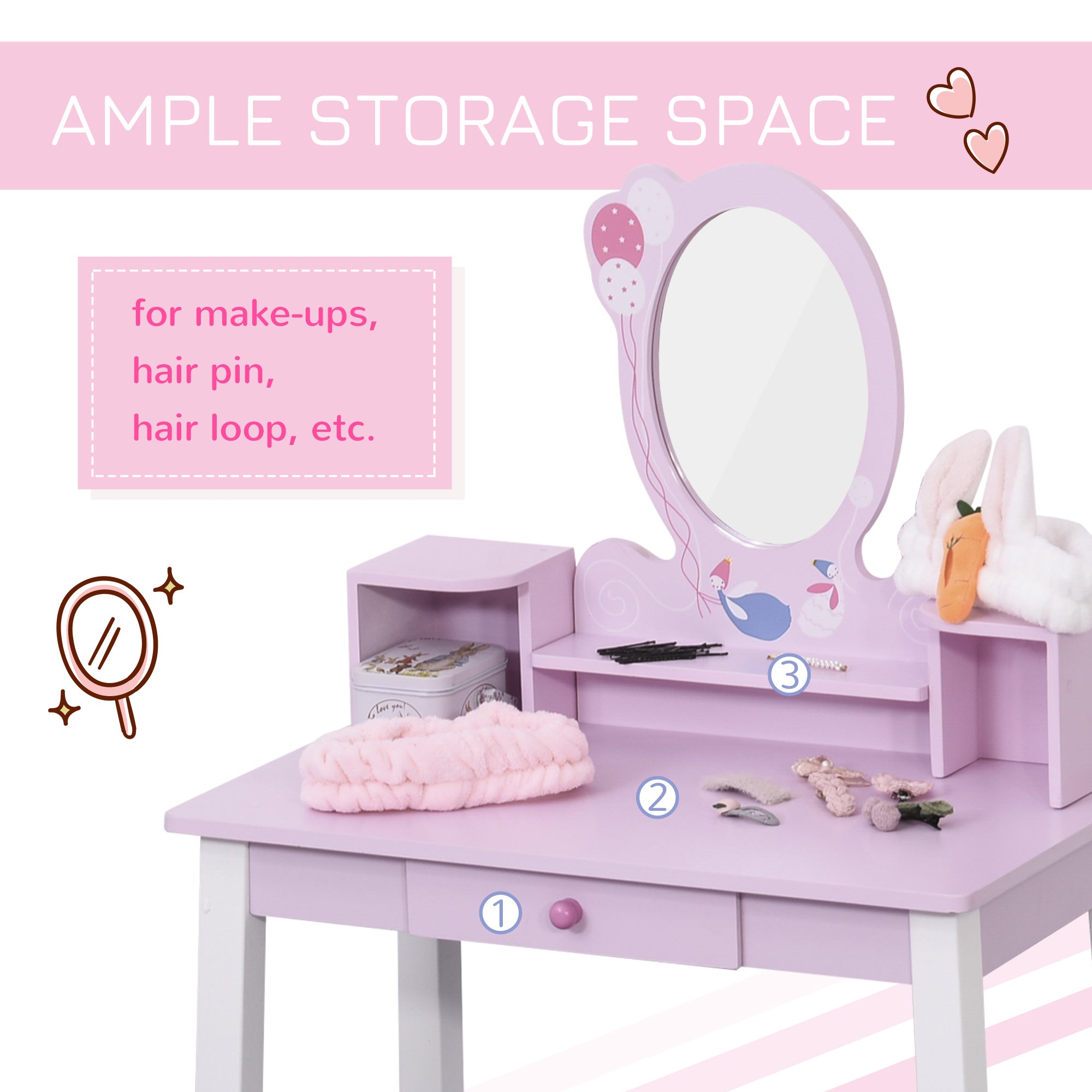 HOMCOM Kids Wooden Dressing Table and Stool Make Up Desk (Pink) 