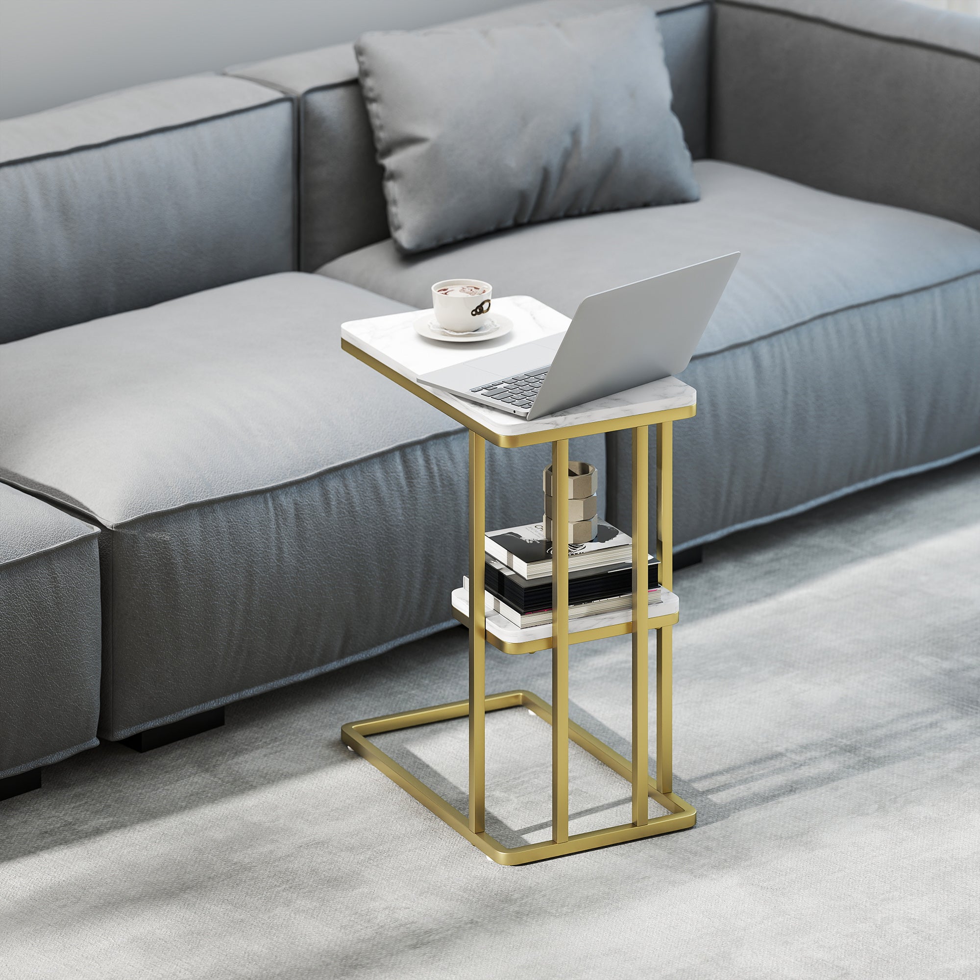 HOMCOM C-Shaped Narrow Side Table, 2-Tier Slim End Table, Nightstand for Small Spaces, Living Room, Bedroom, White Marble Grain 