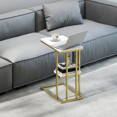 HOMCOM C-Shaped Narrow Side Table, 2-Tier Slim End Table, Nightstand for Small Spaces, Living Room, Bedroom, White Marble Grain 