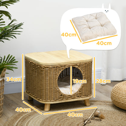 PawHut Elevated Design Wicker Cat House with Washable Cushion, Light Brown 