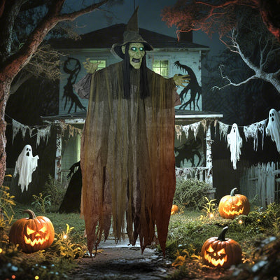 Outsunny 170 cm Life Size Hanging Halloween Animated Witch with Glowing LED Eyes, Spooky Witch Scary Halloween Decorations, Battery Operated, Indoor Party Props 