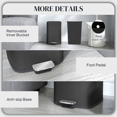 HOMCOM 12L Modern Boxy Metal Home Kitchen Bin - Black 