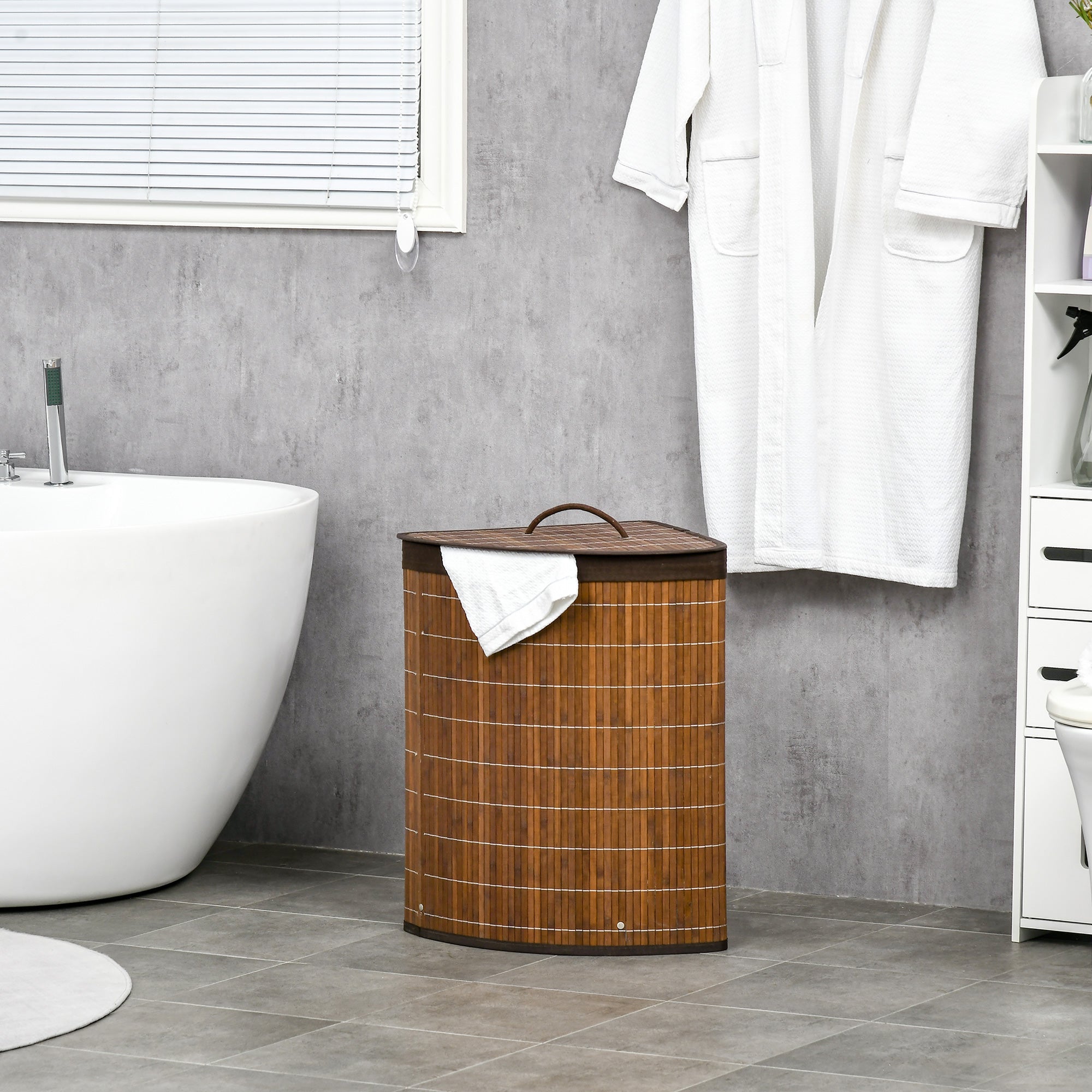 HOMCOM Bamboo Laundry Basket with Lid, 55 Litres Laundry Hamper with Removable Washable Lining,  Corner Washing Baskets, 38 x 38 x 57cm, Brown 