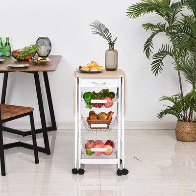HOMCOM Drop-Leaf Kitchen Cart Trolley w/ 3 Baskets Drawer Surface Top 6 Universal Wheels Rolling Storage Unit Kitchen Home Dining Island White Oak Tone 