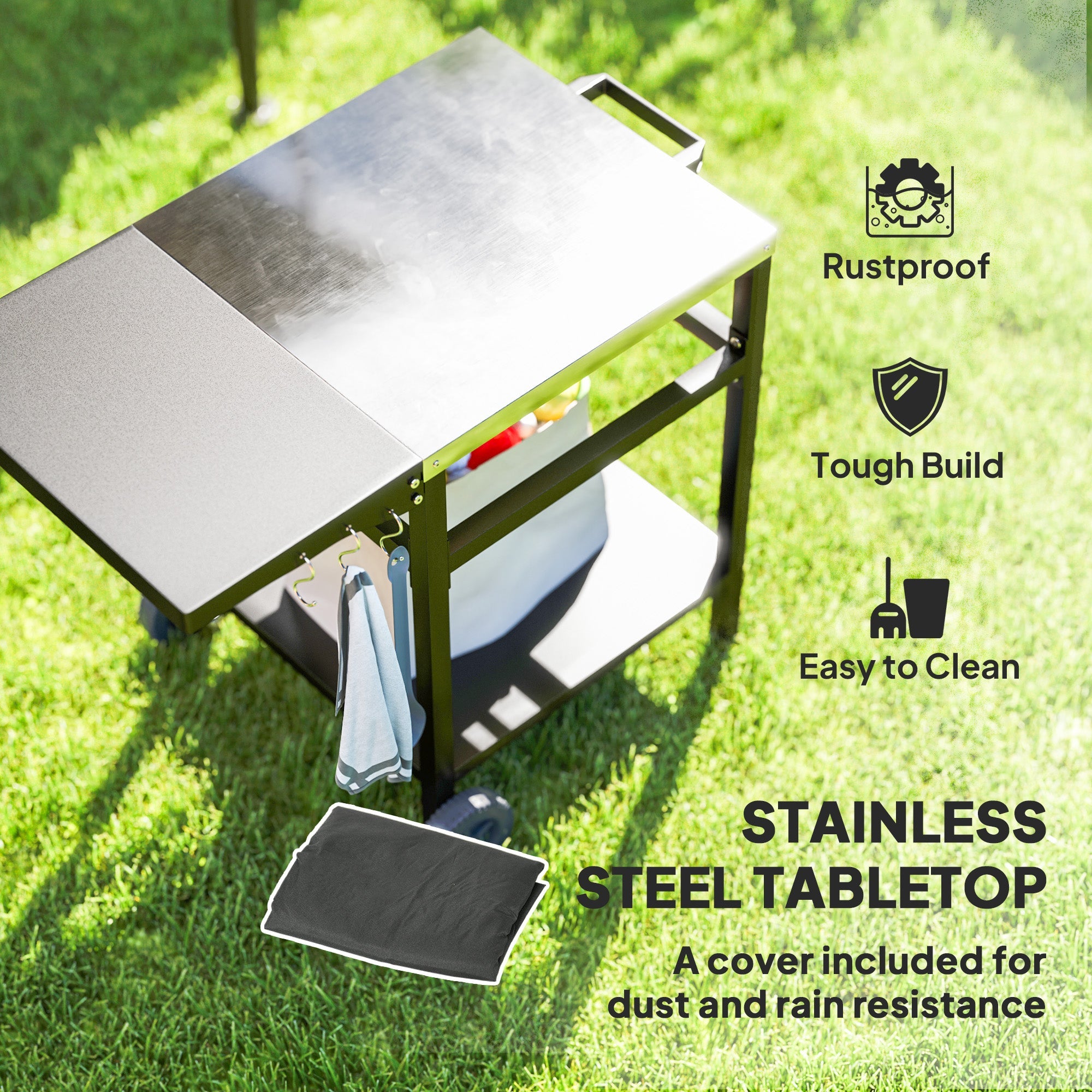 Outsunny BBQ Trolley with Stainless Steel Top and Foldable Side Table, Outdoor Kitchen BBQ Station with Hooks and Shelf, Pizza Oven Table Movable Outdoor Grill Dining Cart with Cover, Black 