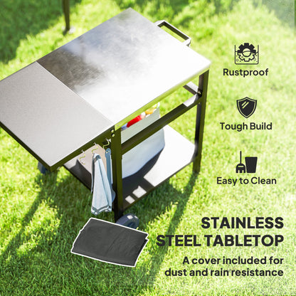 Outsunny BBQ Trolley with Stainless Steel Top and Foldable Side Table, Outdoor Kitchen BBQ Station with Hooks and Shelf, Pizza Oven Table Movable Outdoor Grill Dining Cart with Cover, Black 