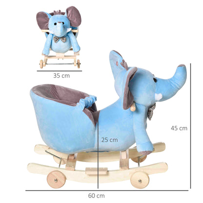 HOMCOM 2 In 1 Plush Baby Ride on Rocking Horse Elephant Rocker with Wheels Wooden Toy for Kids 32 Songs for 18+ Months (Blue) 