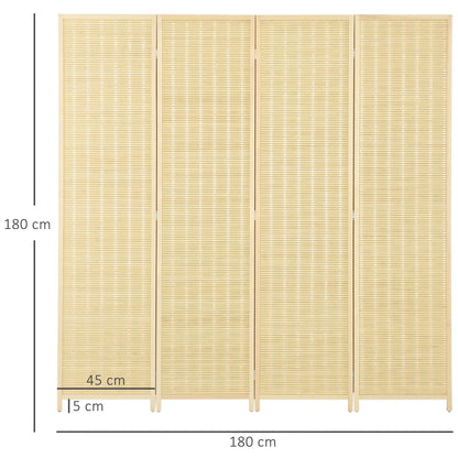 HOMCOM 4 Panel Folding Room Divider Screen, Wall Panel Privacy Furniture, Freestanding Paravent Partition Separator for Living Room, Bedroom and Office, 180 x 180cm, Natural 