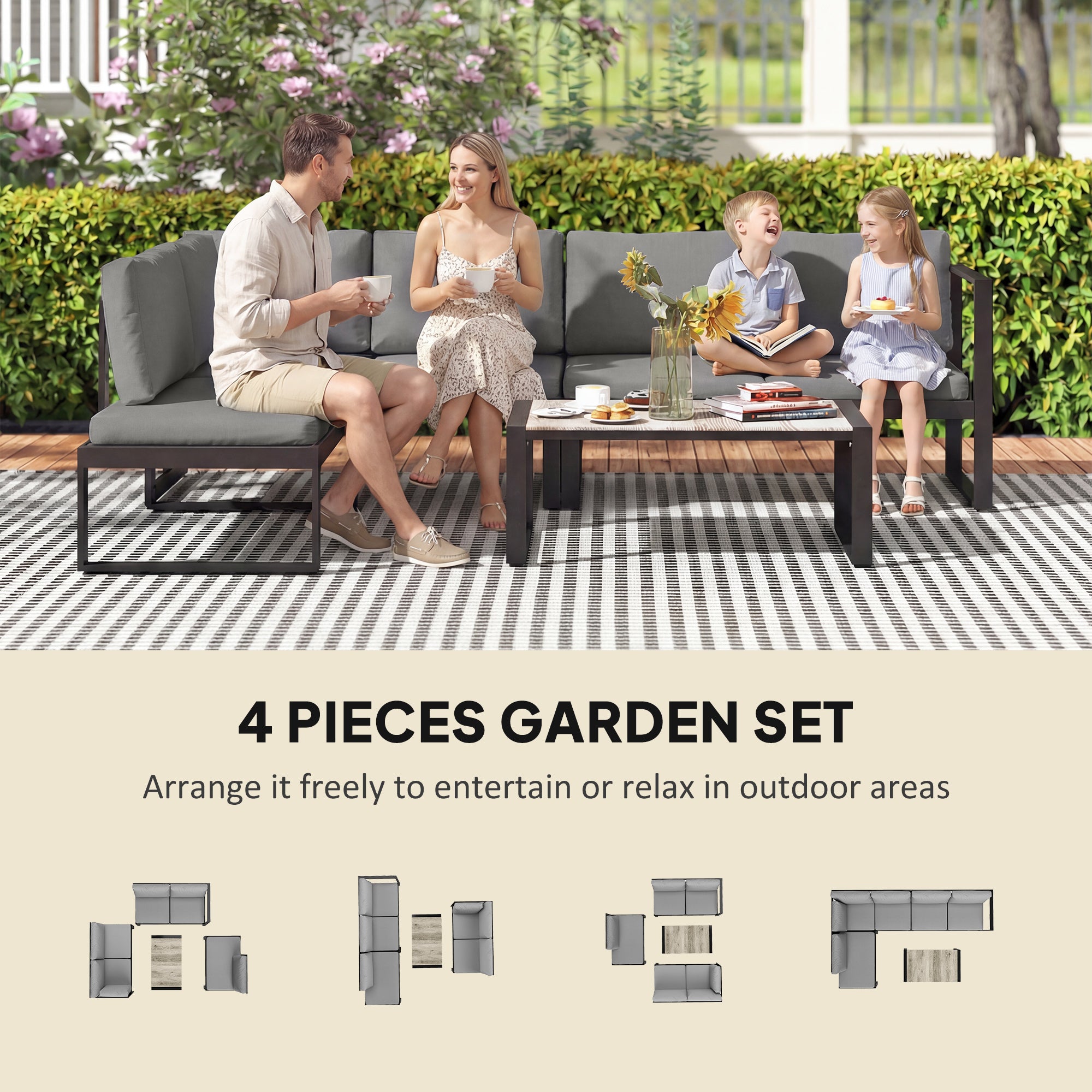 Outsunny 4 Piece Garden Furniture Set, Garden Sofa Set with 2 Loveseats, Armless Chair, Coffee Table for Balcony, Dark Grey 
