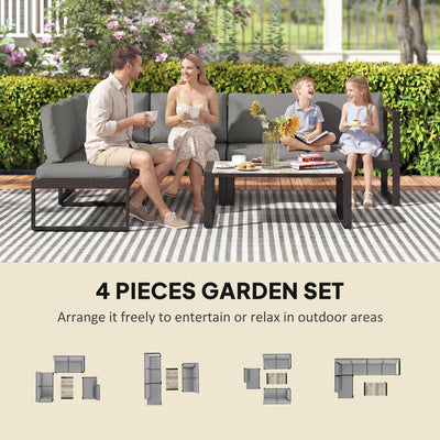 Outsunny 4 Piece Garden Furniture Set, Garden Sofa Set with 2 Loveseats, Armless Chair, Coffee Table for Balcony, Dark Grey 