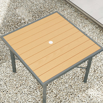 Outsunny Garden Table, 90cm Square Outdoor Patio Dining Table with 4.2 cm Umbrella Hole, Metal Frame, Wood Effect Top, for Terrace, Balcony, Natural Wood Finish 