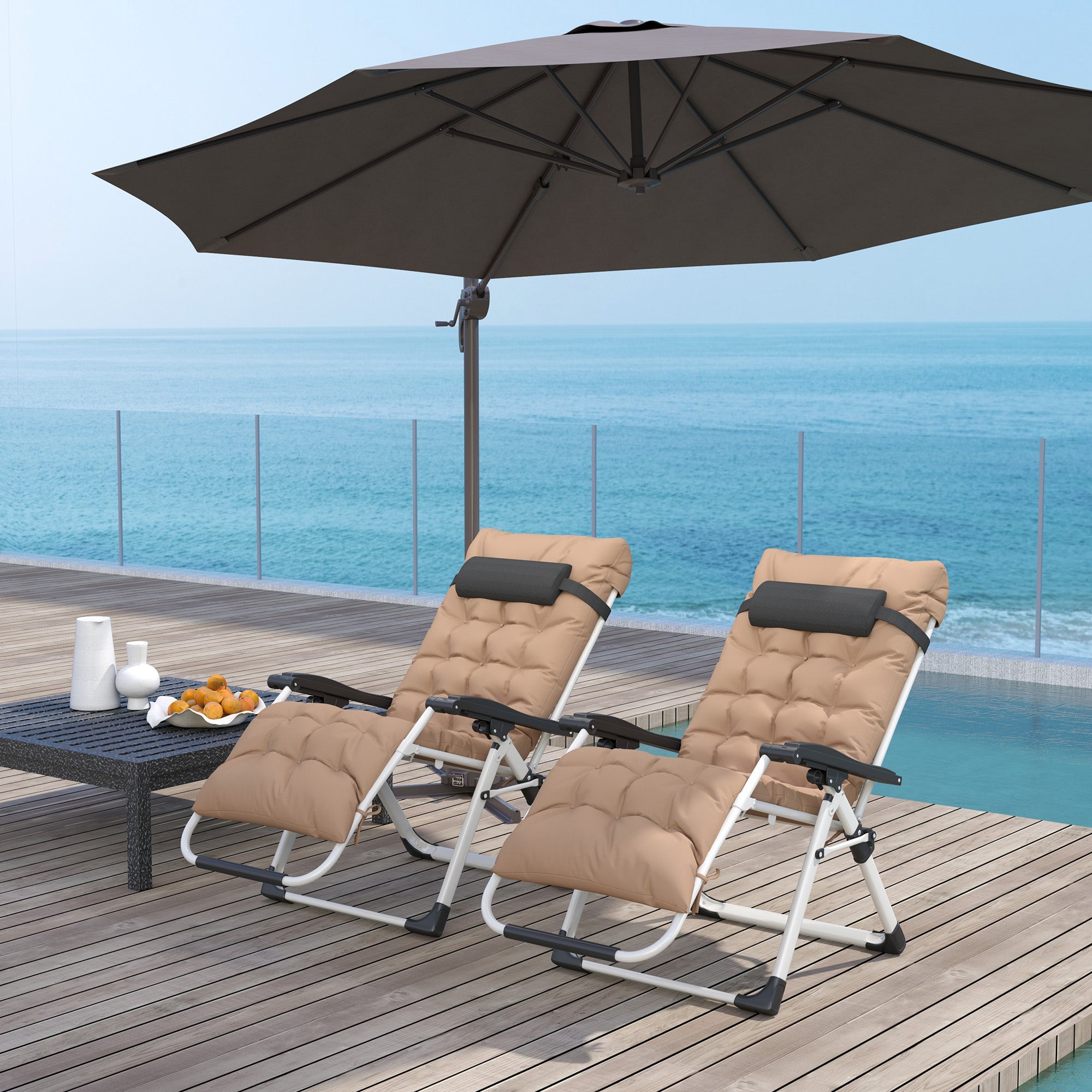 Outsunny 2 Piece Reclining Zero Gravity Sun Loungers with Cushions, Khaki 