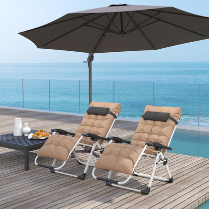Outsunny 2 Piece Reclining Zero Gravity Sun Loungers with Cushions, Khaki 