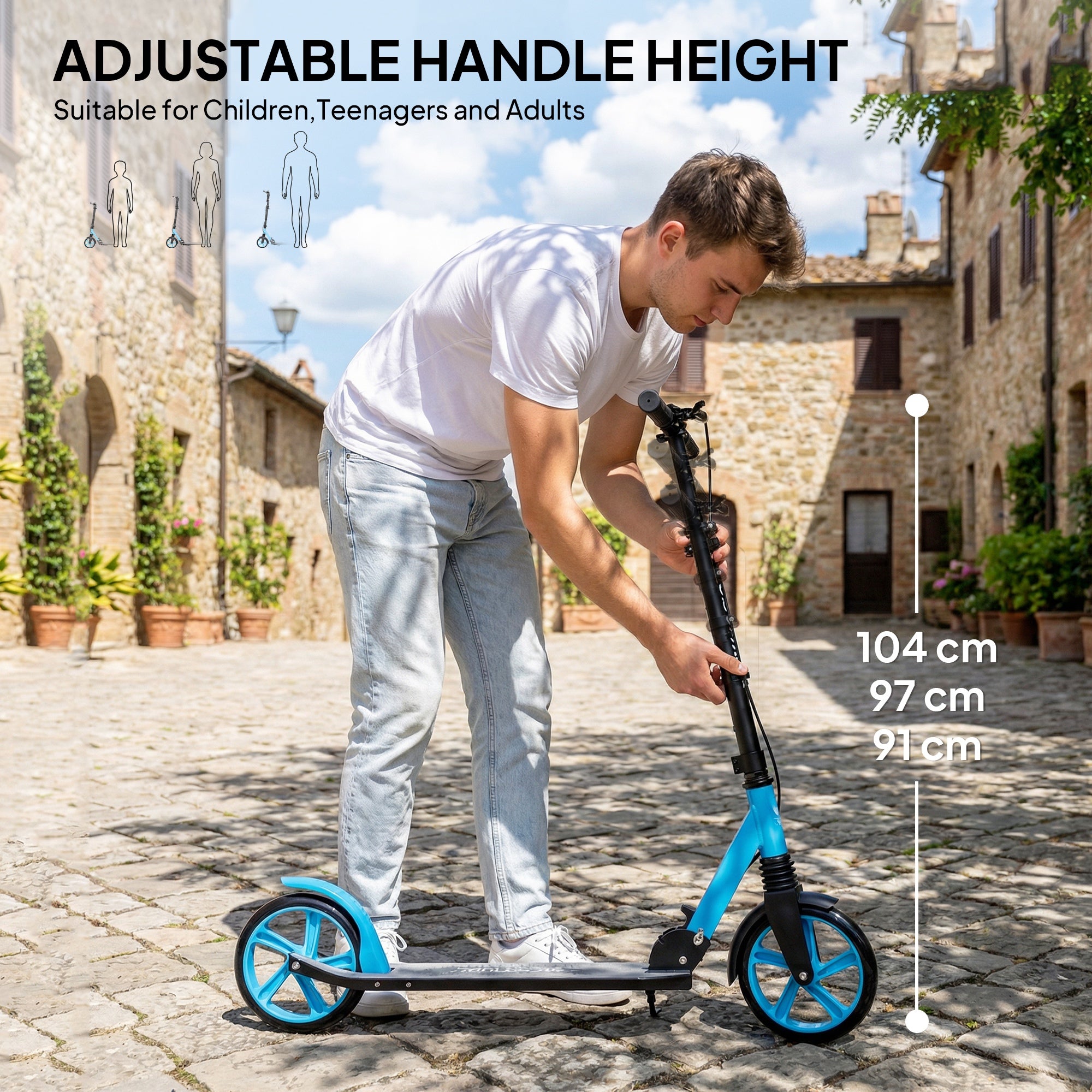 HOMCOM One-click Folding Kick Scooter for 14+ w/ Adjustable Handlebar, Push Scooter with Kickstand, Dual Brake System, Blue 