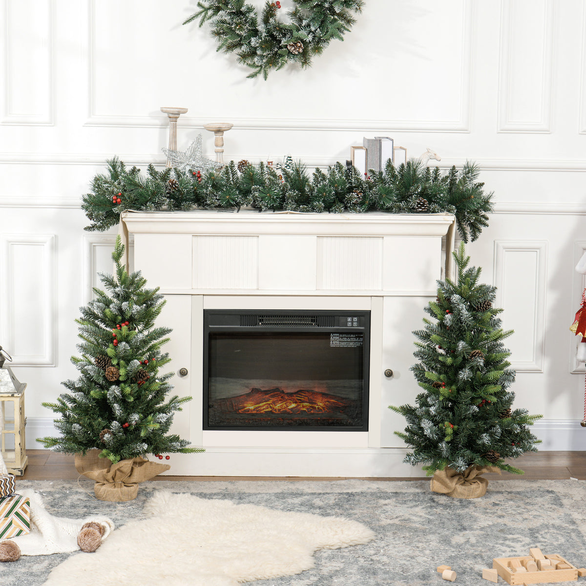 HOMCOM Set of Two 3ft Christmas Trees, with Lights, Berries and Pinecones 