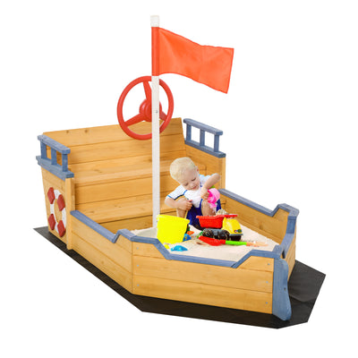 Outsunny Sand pit Kids Children Sandpit Wooden Pirate Ship Sandboat Outdoor Backyard Playset w/Bench Bottom Liner 