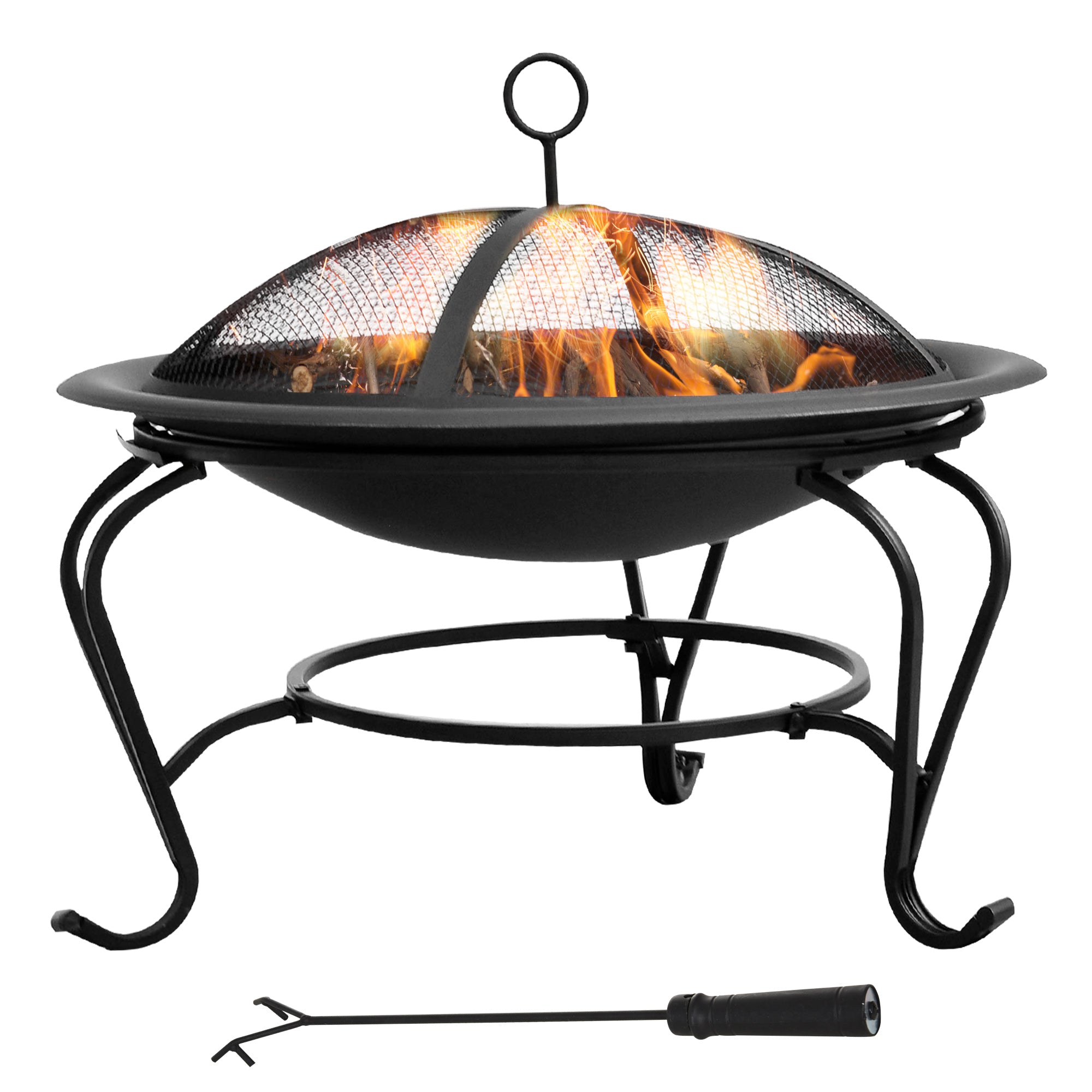 Outsunny Metal Firepit Bowl Outdoor Round Fire Pit w/ Lid, Log Grate, Poker for Backyard, Camping, BBQ, Bonfire, Wood Burning Stove, 56 x 56 x 45cm, Black 