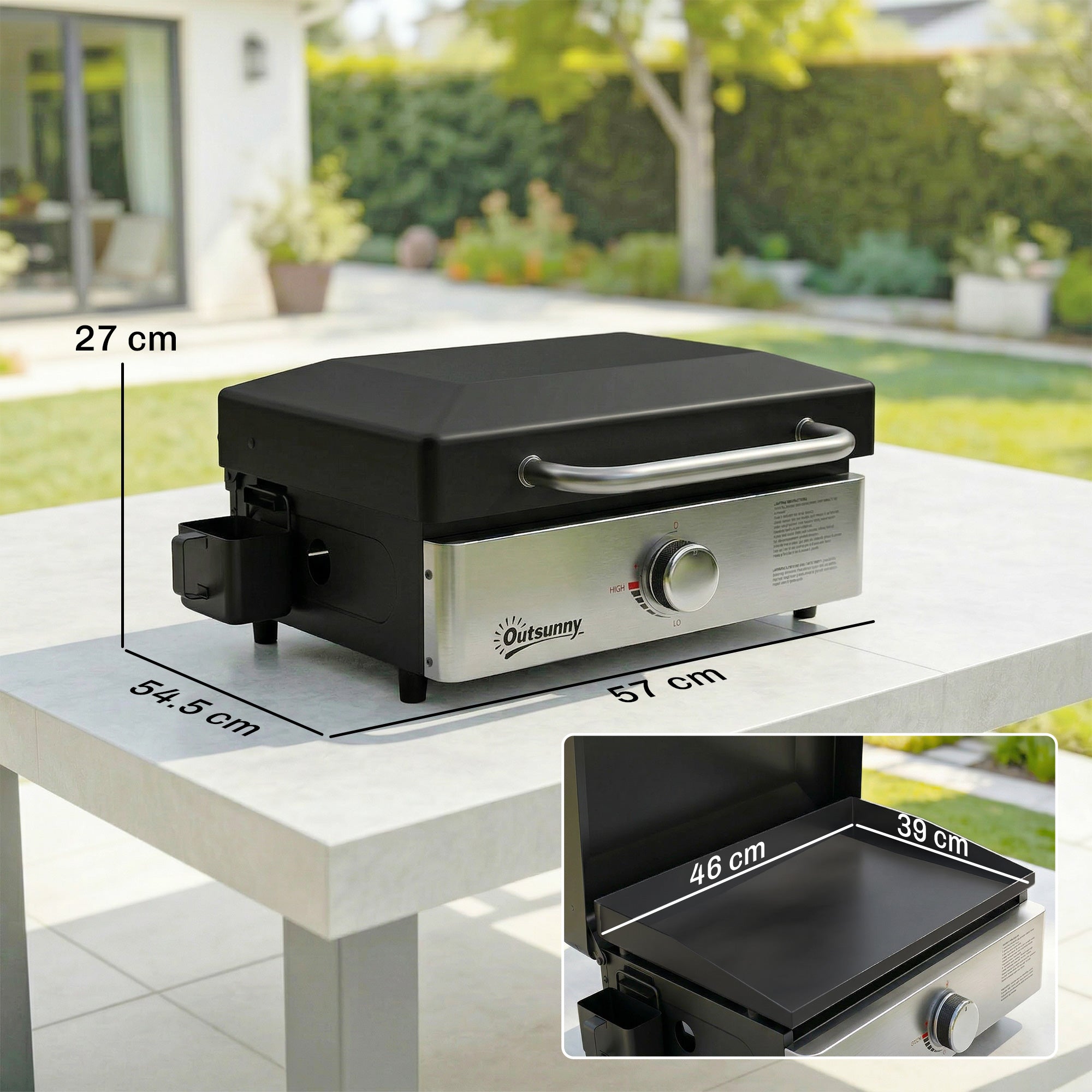 Outsunny Grill Griddle, Portable Gas Plancha, 3.5 kW, Tabletop Gas BBQ with Grease Cup for Camping Picnic Patios, Black 