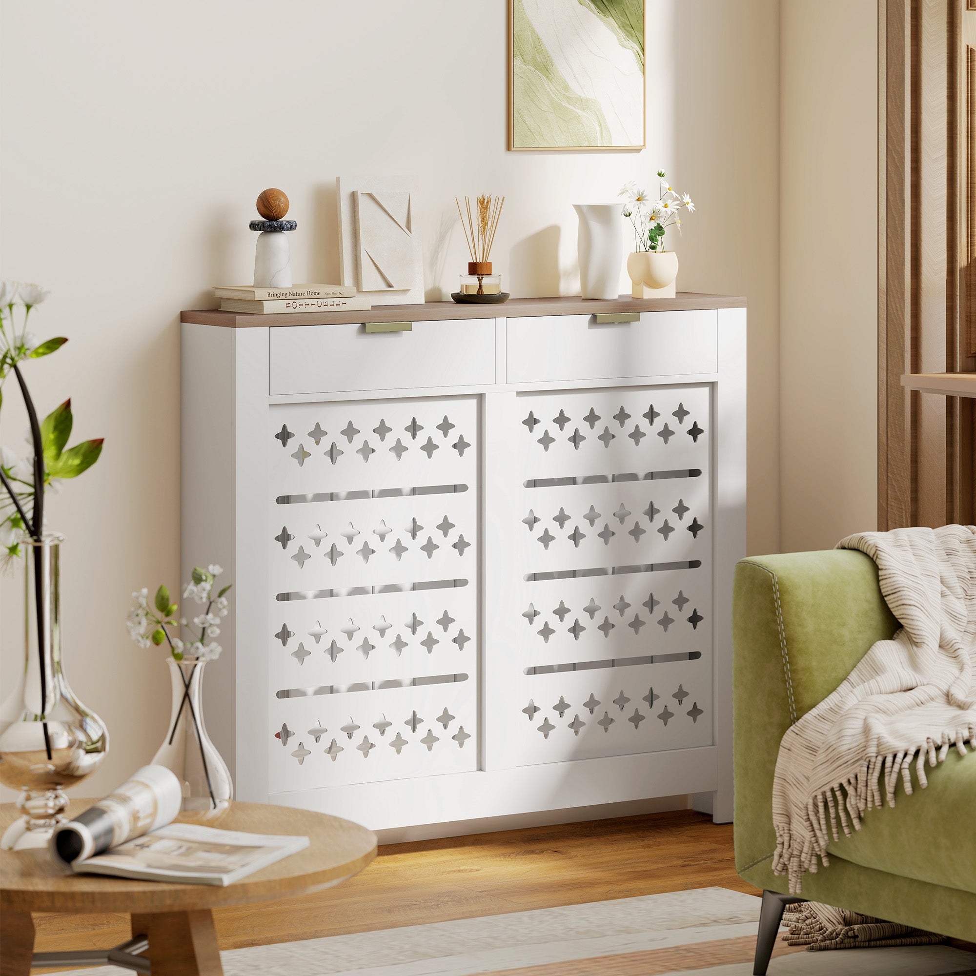 HOMCOM 108 x 19 cm Minimal Radiator Cover, with 2 Drawers - White 