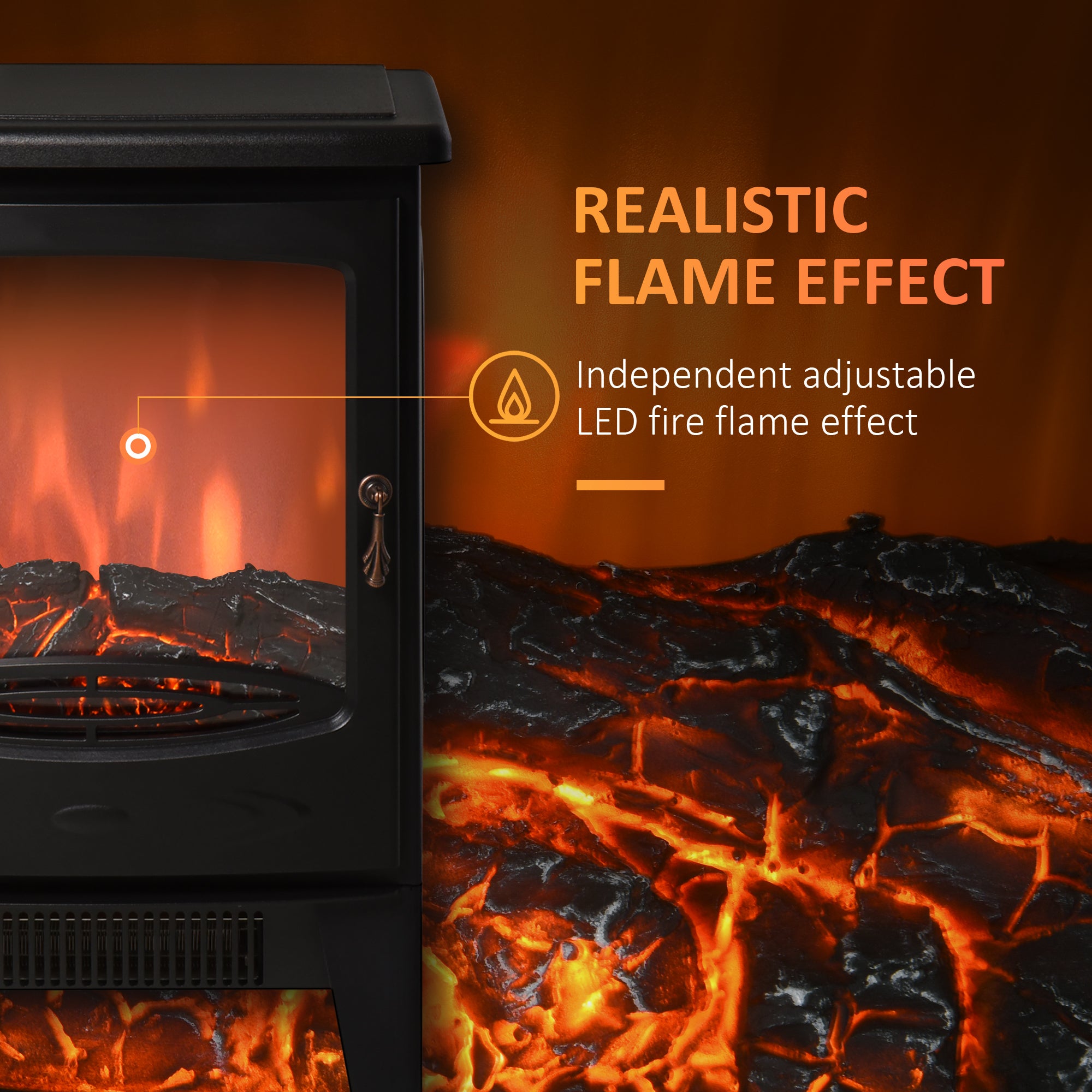 HOMCOM 900W/1800W Freestanding Electric Fireplace Room Heater w/ Adjustable Artificial Flame Tempered Glass Safe Home Warmth Retro Faux Fire 