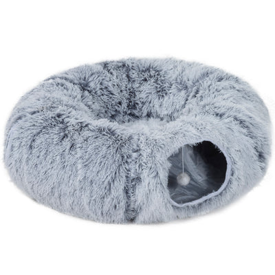 PawHut 2-in-1 Donut Cat Tunnel with Washable Bed, Play Tunnel Bed with Toy Ball and Door Hole for Indoor Cats, Light Grey 