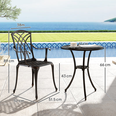 Outsunny 3 Pieces Garden Dining Set for 2, Cast Aluminium Outdoor Dining Set with 2 Armchairs and Round Dining Table with Parasol Hole, Garden Furniture Set, Bronze Tone 