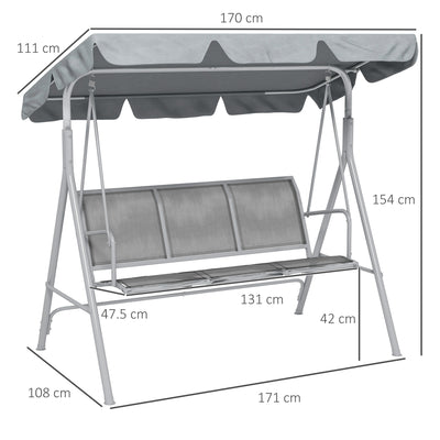 Outsunny Metal Garden Swing Chair, 3-Seater Swing Seat, Patio Hammock Bench Canopy Lounger, Light Grey 