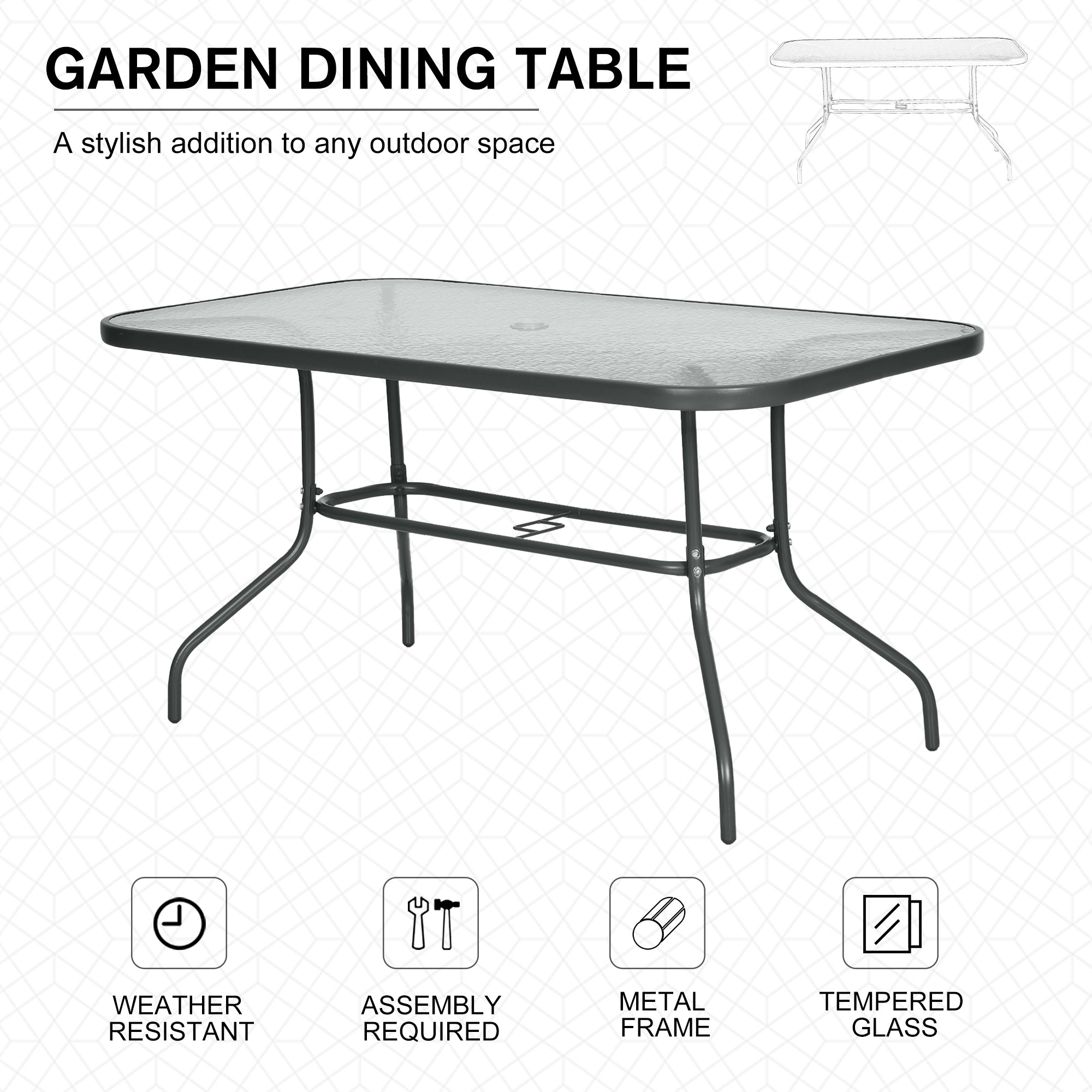 Outsunny Garden Dining Table Glass Top Metal Frame with Parasol Hole Outdoor Balcony Grey 140L x 80Wcm 