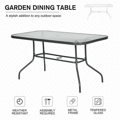 Outsunny Garden Dining Table Glass Top Metal Frame with Parasol Hole Outdoor Balcony Grey 140L x 80Wcm 