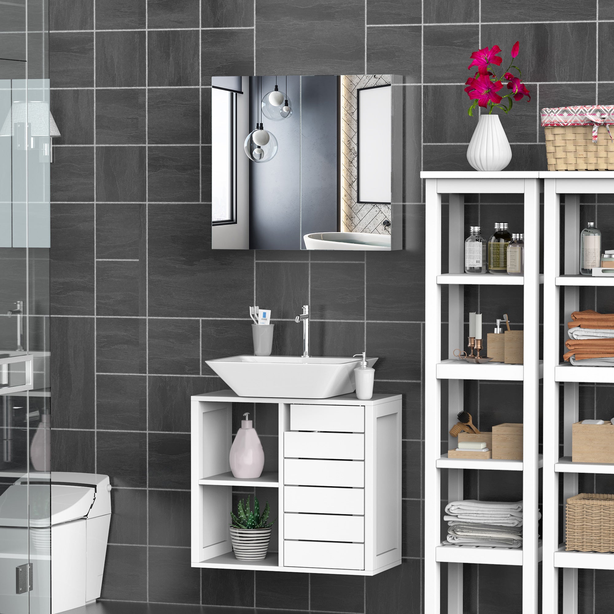 HOMCOM Bathroom Mirror Cabinet, Stainless Steel Wall Mounted  Bathroom Storage Cabinet with Double Doors, 60x55cm 