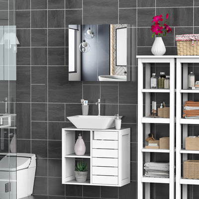 HOMCOM Bathroom Mirror Cabinet, Stainless Steel Wall Mounted  Bathroom Storage Cabinet with Double Doors, 60x55cm 