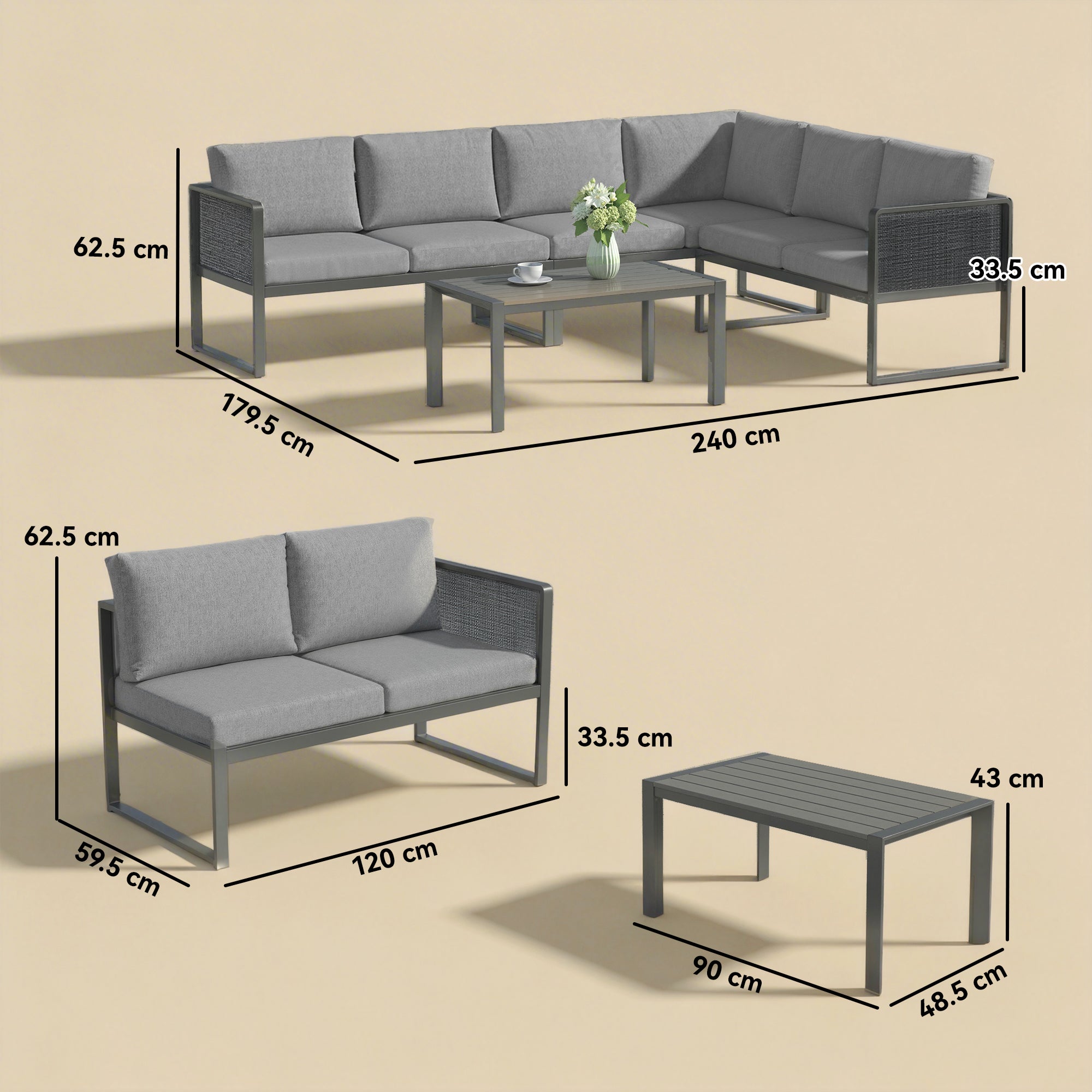 Outsunny 6 Seater Metal Garden Furniture Corner Sofa Set with 3 Loveseats, Faux Wood Table, Texteline Seat, Cushions, Dark Grey 