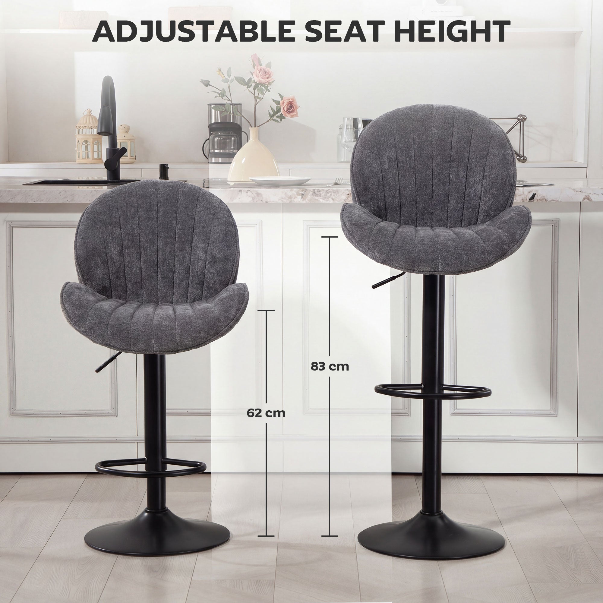 HOMCOM Bar Stools Set of 2, Swivel Barstools with Back, Adjustable Height and Footrest for Kitchen Island, Dining Room, Grey 