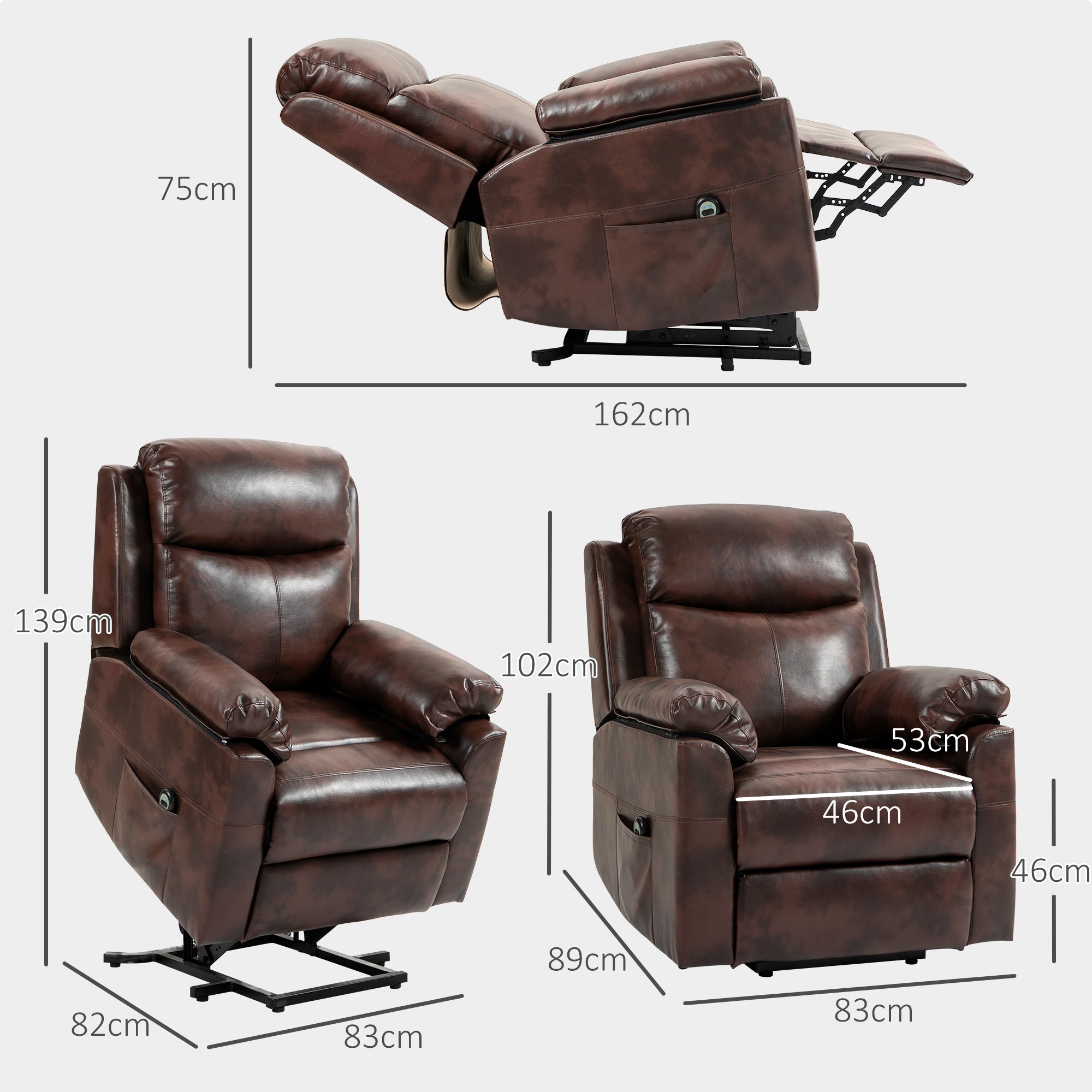HOMCOM Faux Leather 70\'c2\'b0 Electric Riser Recliner Chair, Dark Brown