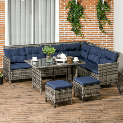 Outsunny 7-Seater Patio wicker Sofa Set Rattan Chair Furniture w/ Glass & Cushioned, Dark Blue 