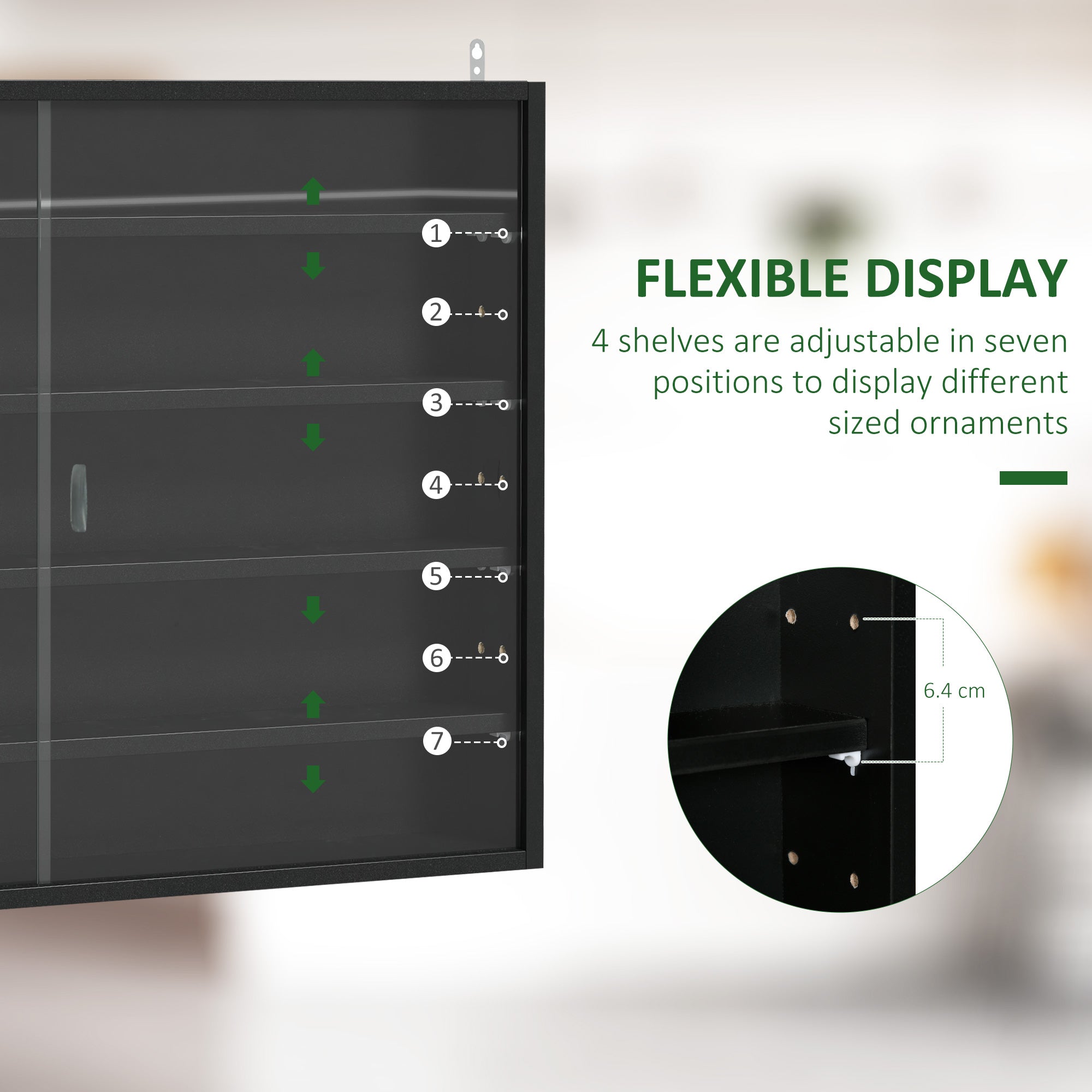 HOMCOM 5-Tier Wall Display Shelf Unit Cabinet w/ 4 Adjustable Shelves Glass Doors Home Office Ornaments 60x80cm Black 