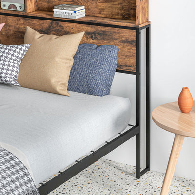 HOMCOM Industrial Double Bed Frame, 4.8FT Steel Bed Base with Storage Headboard, Footboard, Slatted Support and Under Bed Storage, 145 x 209cm, Rustic Brown 