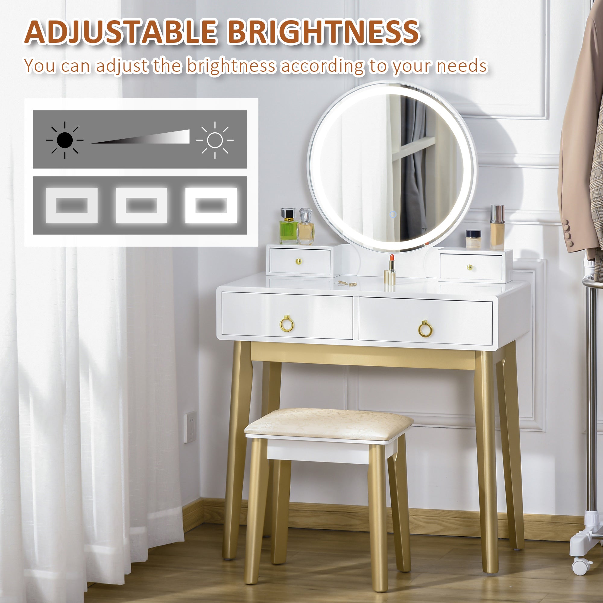 HOMCOM Dressing Table Set with Mirror, Built-in 3 Color LED Light, Vanity Makeup Table with 4 Drawers and Cushioned Stool for Bedroom, White 