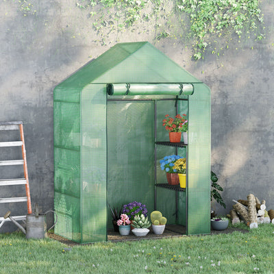 Outsunny Walk In Greenhouse with Shelves, Portable Gardening Plant Grow House for Outdoor with 2 Tier Shelf, Roll-Up Zippered Door, PE Cover, 141 x 72 x 191cm, Green 