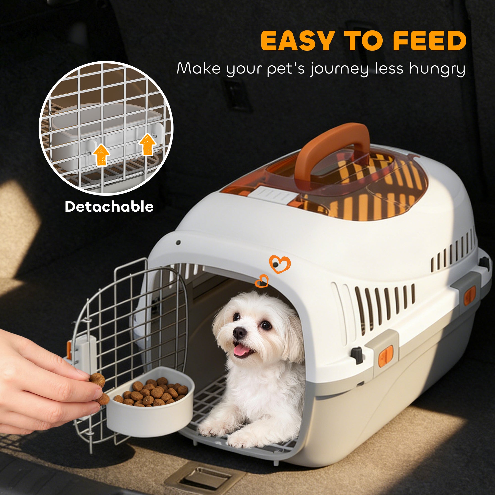 PawHut Plastic Pet Carrier Hard Shell Dog Cat Carrier Max 4 KG Steel Door Feed Bowl Secure Lock 49 x 32 x 31 cm 