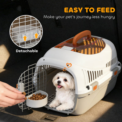 PawHut Plastic Pet Carrier Hard Shell Dog Cat Carrier Max 4 KG Steel Door Feed Bowl Secure Lock 49 x 32 x 31 cm 