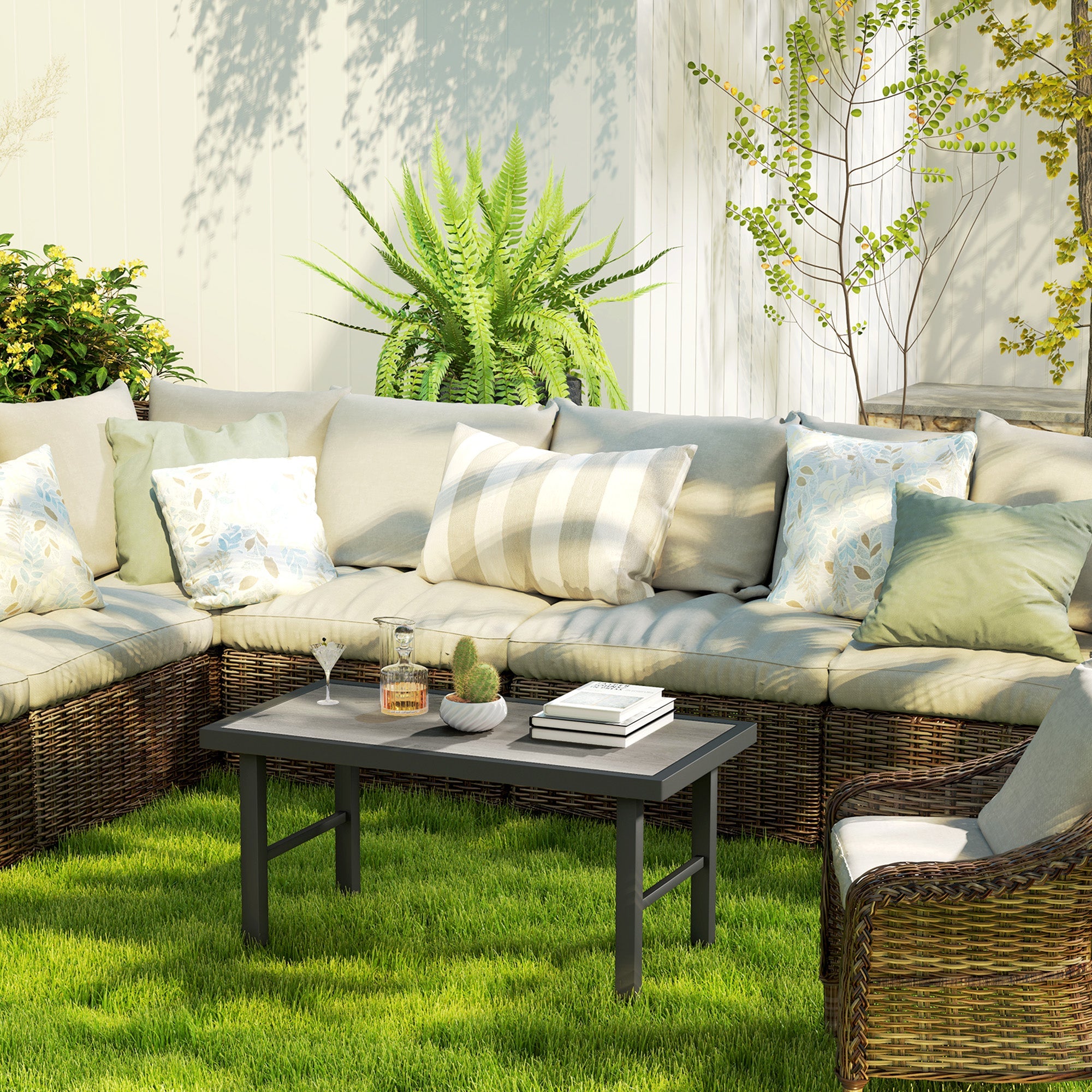 Outsunny Metal Garden Coffee Table, Outdoor Side Table with SPC Woodgrain Tabletop for Outside, Garden, Balcony, Porch, 100 x 53 x 46cm, Grey Wood Effect 