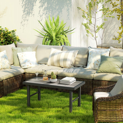 Outsunny Metal Garden Coffee Table, Outdoor Side Table with SPC Woodgrain Tabletop for Outside, Garden, Balcony, Porch, 100 x 53 x 46cm, Grey Wood Effect 