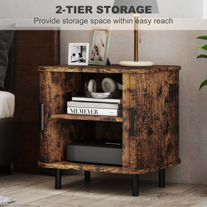 HOMCOM Bedside Table, Nordic Side Table with Roller Shutter Style Sliding Doors and Metal Legs for Bedroom, Living Room, Rustic Brown