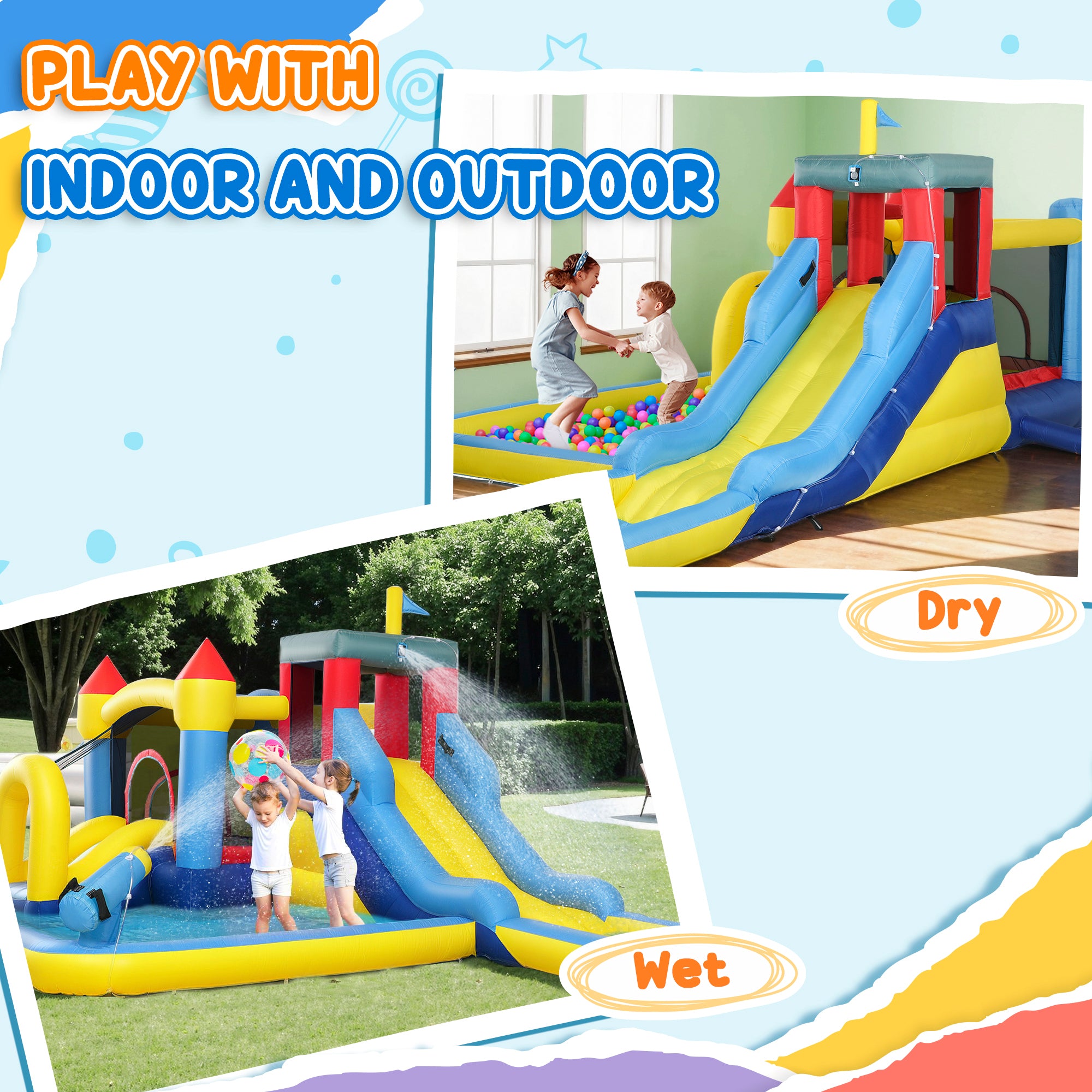 AIYAPLAY Inflatable Bouncy Castle, Kids Water Bounce House 6 in 1 with 550W Blower, 2 Slides for Garden, Party, Outdoor Indoor 