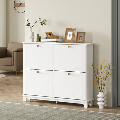 HOMCOM Narrow Shoe Storage Cabinet, Slim Shoe Cabinet with 4 Flip Drawers, Adjustable Shelves for 16 Pairs of Shoes, White 