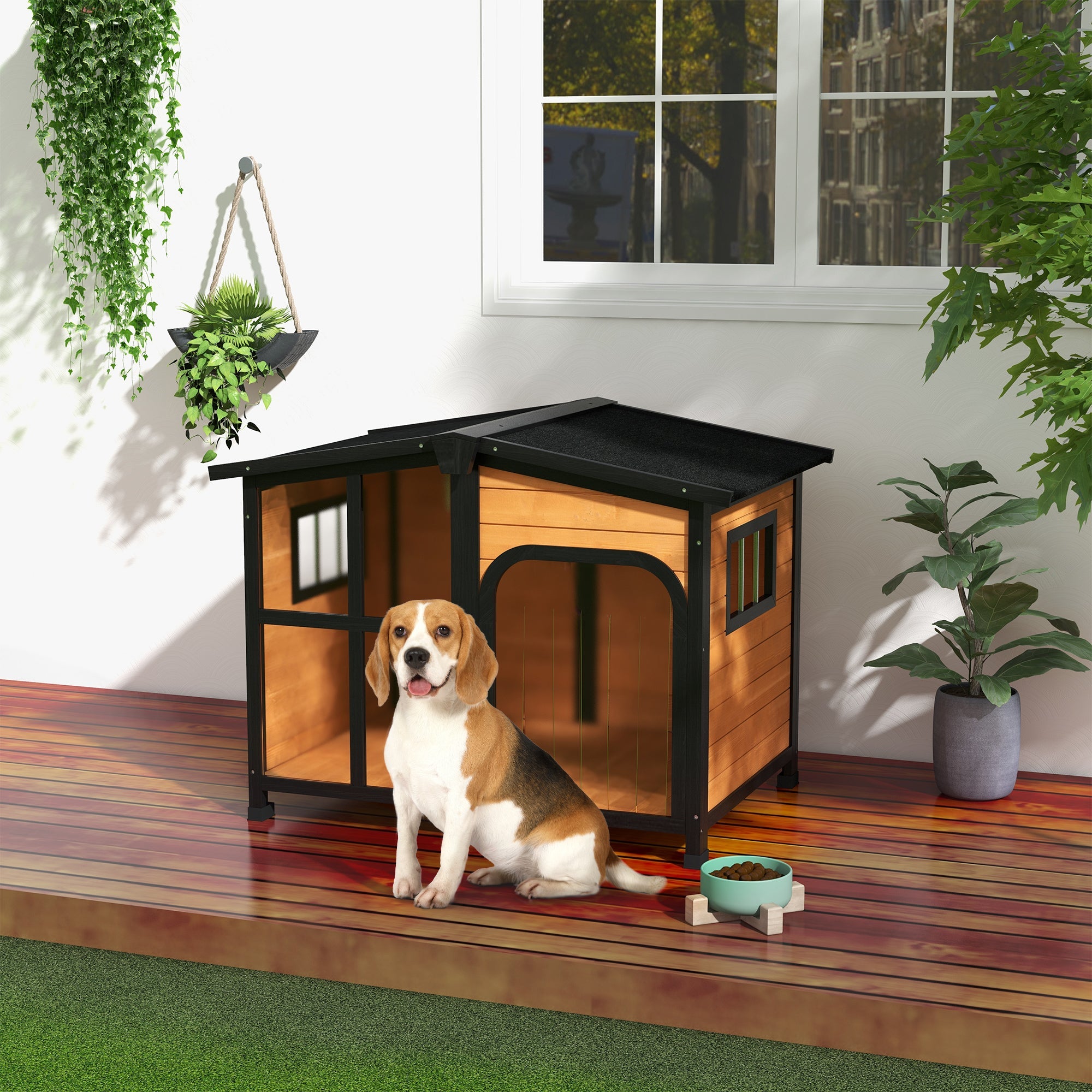 PawHut Wooden Dog Kennel with Removable Floor, Asphalt and Openable Roof, Giant Window for Large Dogs, Yellow 